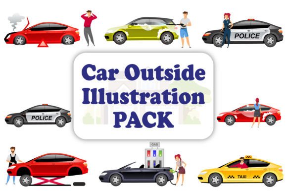 People with Automobiles Illustrations Graphics